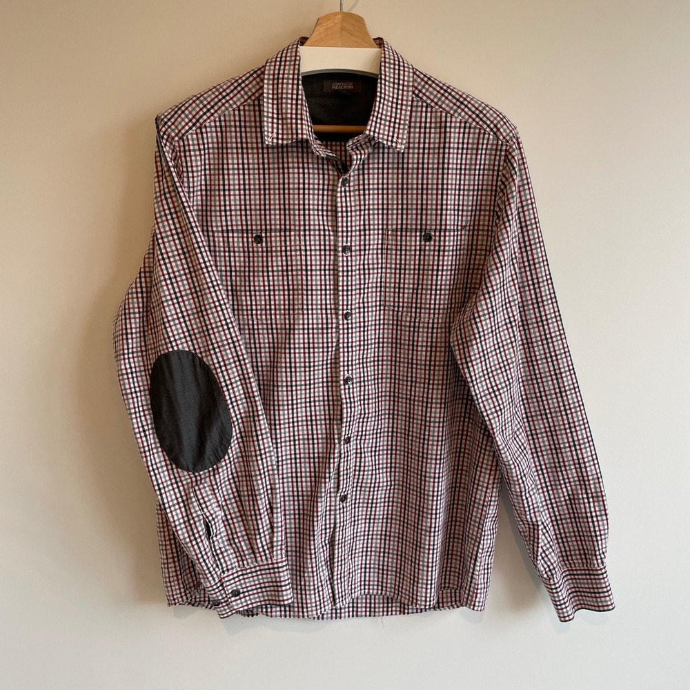 Kenneth‎ Cole Reaction Men's Plaid Long Sleeve Button Down Shirt Elbow Patches L